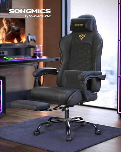SONGMICS Chaise Gaming Noir d'encre OBG079B01 Ergonomique pour Bureau et Jeu avec Repose-Pieds et Accoudoirs