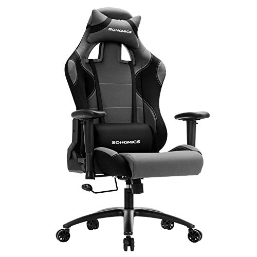 SONGMICS Chaise Gamer Noir/Gris pour Bureau, Ideal Pour Jeu et Travail - Élégant Design Racing, Assise Rembourrée, Appui