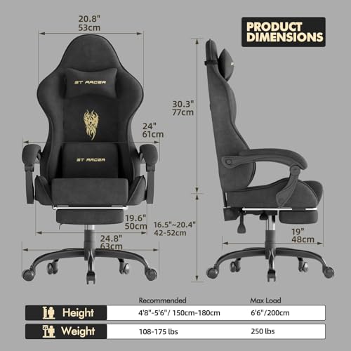 Chaise Gaming Ergonomique WoRaum – Fauteuil Bureau avec Repose-Pieds Rétractable, Dossier Réglable en Velours Noir, Comf