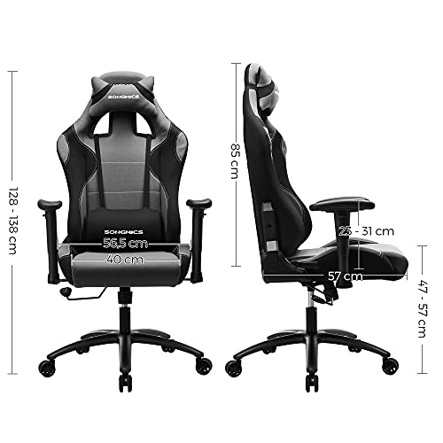SONGMICS Chaise Gamer Noir/Gris pour Bureau, Ideal Pour Jeu et Travail - Élégant Design Racing, Assise Rembourrée, Appui