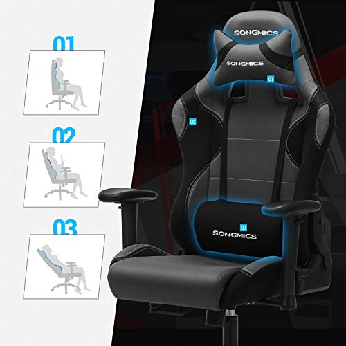 SONGMICS Chaise Gamer Noir/Gris pour Bureau, Ideal Pour Jeu et Travail - Élégant Design Racing, Assise Rembourrée, Appui