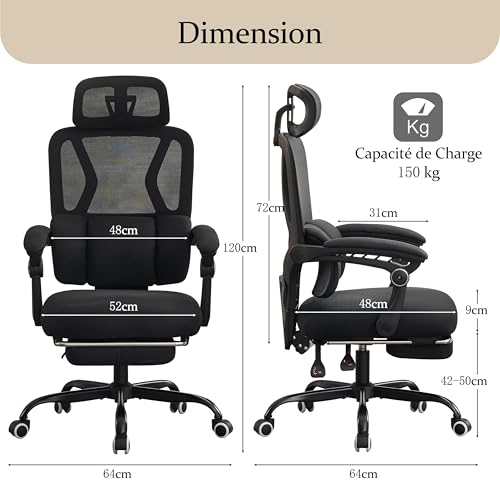 UEV Chaise Bureau Ergonomique, Siège de Bureau Réglable avec Appui-tête et Repose-Pieds, Support Lombaire Réglable - Cap