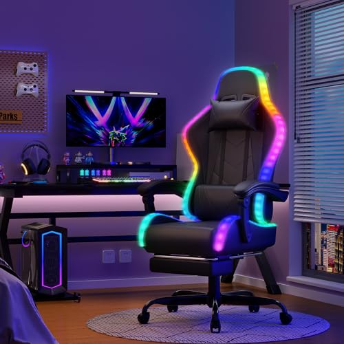 Chaise gaming Devoko ergonomiqueLED_RGB_massage_lombaire_repose_pieds_fauteuil_gamer_appuitete_reglable_dossier_inclinab