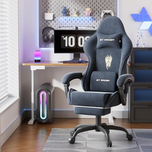 Ferghana Chaise de Jeu Ergonomique Massage, Fauteuil Gaming en Tissu Velours Réglable avec Appui-tête et Coussin Lombair