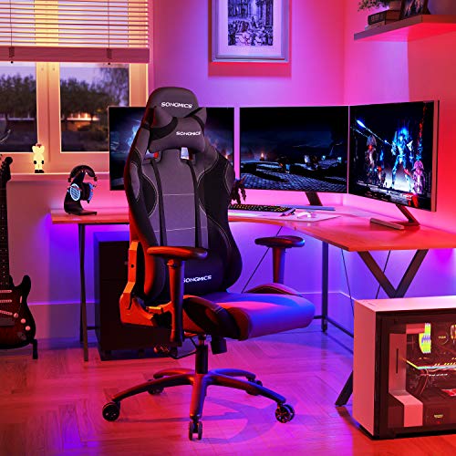 SONGMICS Chaise Gamer Noir/Gris pour Bureau, Ideal Pour Jeu et Travail - Élégant Design Racing, Assise Rembourrée, Appui